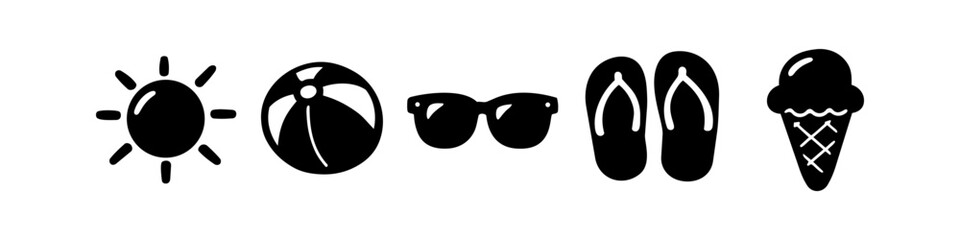Set of minimalist black summer icons featuring a sun, beach ball, sunglasses, flip-flops, and an ice cream cone on a white background. Perfect for travel and vacation themes. © Nort Kor