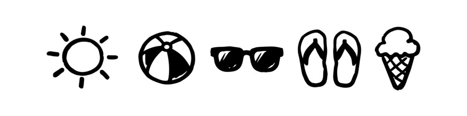 Hand-drawn summer icons set including sun, beach ball, sunglasses, flip-flops, and ice cream cone. Black ink sketch on white background for seasonal vacation and travel themes. © Nort Kor