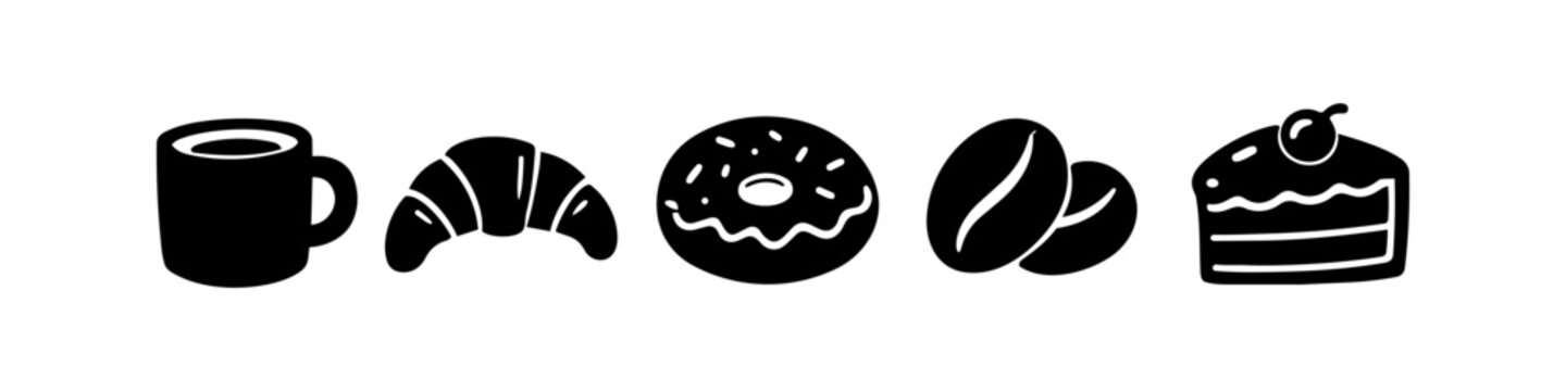 Set of black cafe and bakery icons including a coffee mug, croissant, donut, coffee beans, and cake slice. Minimalist vector illustration for breakfast and coffee shop concepts.