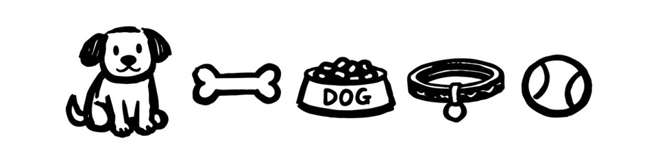 Hand-drawn doodle icons of a cute puppy, bone, dog food bowl, collar, and ball. Minimalist black and white sketch of pet supply elements isolated on white.