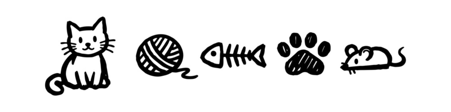 Set of hand-drawn cat themed doodles featuring a cute kitten, yarn ball, fish bone, paw print, and mouse. Minimalist black ink sketches on a white background for pet branding or stickers.