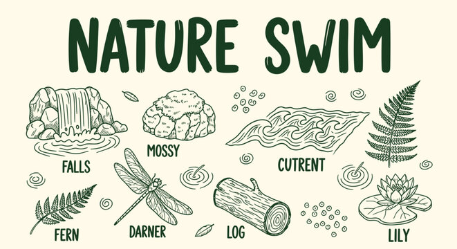 Set of 9 Nature Swim vector illustrations
