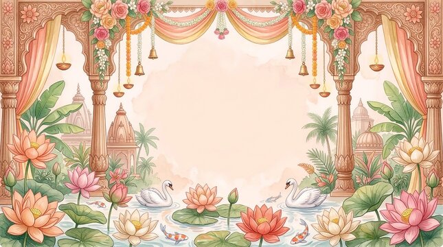 Indian Wedding Watercolor Background with Lotus and Swan Mandap