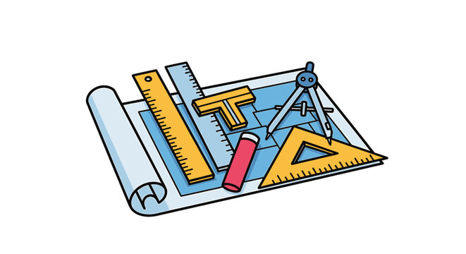 Construction Drawing Tools Cartoon Illustration on Blue Surface in Playful Style with Bold Lines and Vibrant Colors