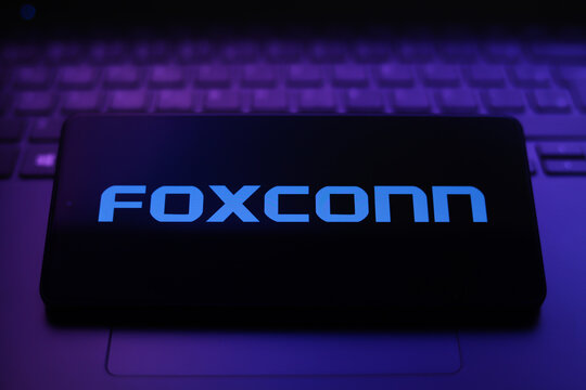 The Foxconn logo appears on a smartphone screen in this photo illustration in Ontario, Canada, on March 16, 2026