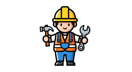 Fototapeta premium Cheerful Cartoon Construction Worker Illustration with Safety Gear, Tools, and Vibrant Colors in Minimalist Style