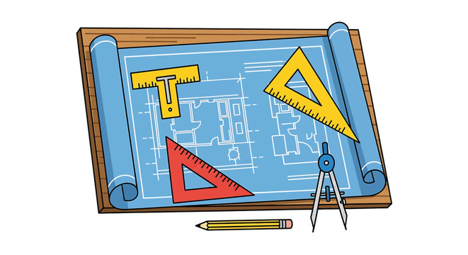 Vibrant Flat Vector Illustration of Architectural Blueprint Featuring Construction Tools - T-Square, Triangle, Protractor, Compass, Pencil on Grid Design for Engineering & Modern Architecture