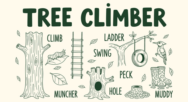 Set of 8 tree climbing vector icons and illustrations