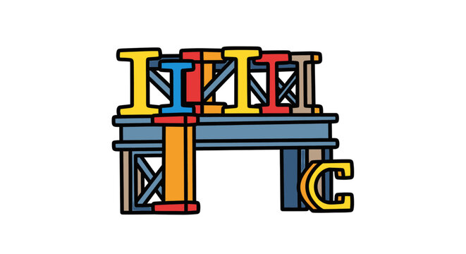 Vibrant ITC Letters Bridge Construction Concept Stylized Graphic Illustration Bold Colorful Playful Creative Design Artwork