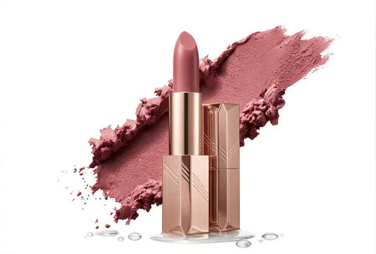 A luxurious rose gold lipstick in a creamy, dusty pink nude shade with refreshing droplets of moisture on a pure white background.