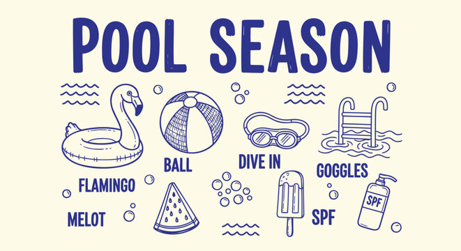 Set of 11 pool icons vector, summer season illustrations