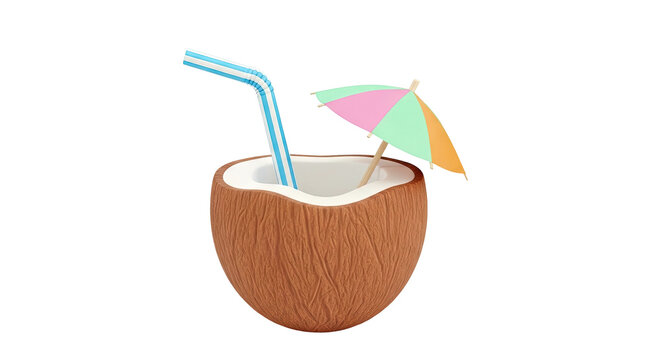 Tropical Coconut Drink with Straw and Umbrella