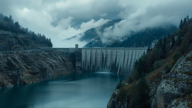 Massive concrete dam in a mountain valley, calm water on one side, immense pressure implied beneath the surface, overcast sky, subtle ominous mood, cinematic landscape, high-end documentary style 