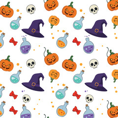 Obraz premium Pixel Art Halloween Pattern Spooky Pumpkins Witch Hats and Potions on White