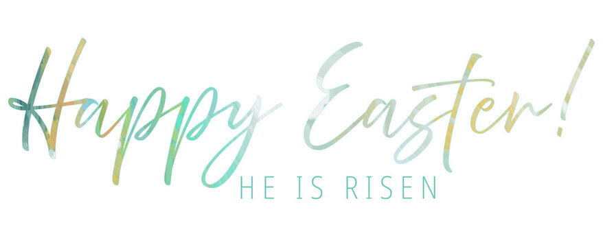 "happy easter! he is risen" Transparent PNG image of Text w/cloudscape/landscape in background of text-For Christian Easter Service - Backdrop, design, holiday, celebration, resurrection sunday, jesus