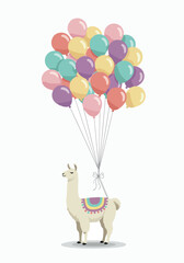Fototapeta premium Pixel Art Llama Floating with Colorful Balloons on White Background