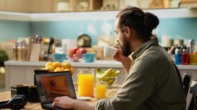 Male developer does game programming with laptop to build virtual world, computer software used in game engine development and modeling. Computer science and VFX in everyday life.