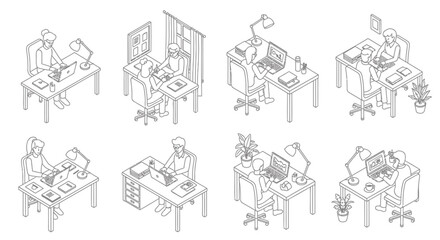 Obraz premium Set of 8 office workers vector illustrations