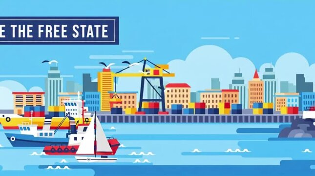 "Celebrate the Free State" is the headline of this flat vector port picture