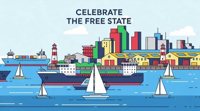 Flat vector harbor scene, headline &ldquo;Celebrate the Free State&rdquo;