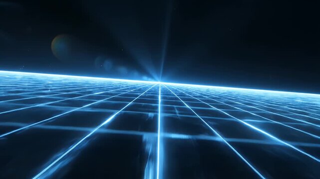 A celestial grid illuminated by a bright light, with planet/moon-like objects in the distance