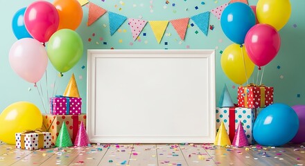 Party scene w/ empty frame, balloons, gifts, & confetti, against a mint green backdrop