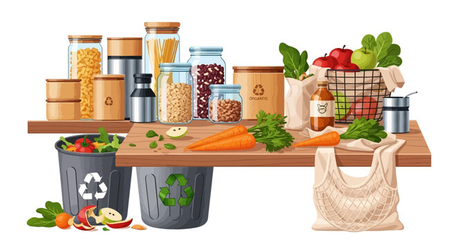 Illustration of a sustainable living concept with eco-friendly kitchen items, fruits, vegetables, and recycling bins on a wooden table