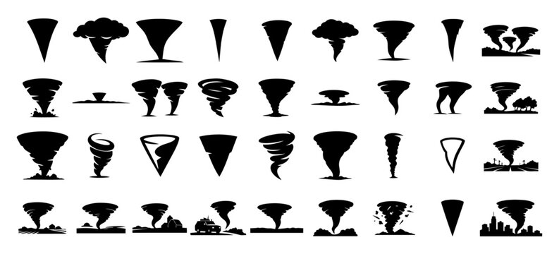 Tornado and Twister Silhouette Set &ndash; Severe Storm Funnels and Weather Disaster Icons Collection