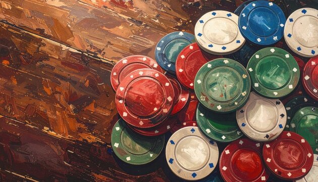 A detailed close-up painting showcasing a scattered pile of antique celluloid poker chips, gracefully worn smooth with time, resting on a textured table surface.