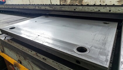 Obraz premium A thick grey metal sheet with drilled holes, showing signs of age and industrial use