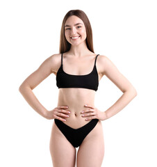Beautiful young woman wearing stylish black bikini on white background