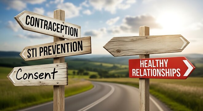 Roadside signs indicating choices contraception, STI prevention, consent, & healthy relationships