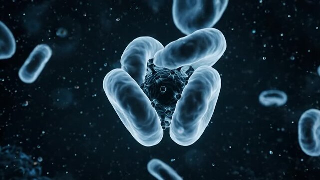 Microscopic virus particles floating in dark fluid background science visualization