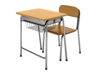 Fototapeta premium Classic wooden school desk and chair with metal frame, isolated on transparent background, essential student furniture for education and learning PNG