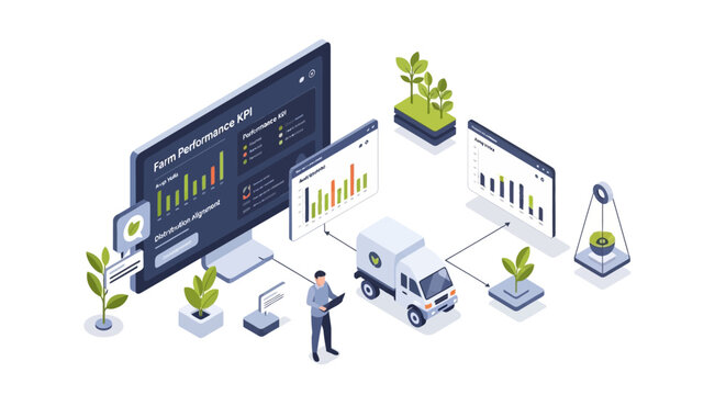 Isometric illustration of a farm performance monitoring system with data analysis, a delivery truck, and plants.