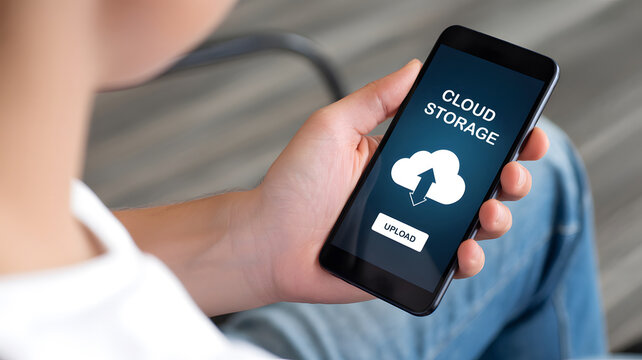 Close-up of a person holding a black smartphone displaying a "CLOUD STORAGE" screen with an upload icon and button, illustrating data backup and digital information management for modern