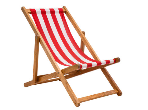 Classic red and white striped wooden deck chair, perfectly isolated PNG on a transparent background, ready for summer relaxation and beach designs
