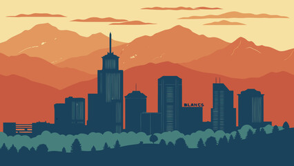 Obraz premium Urban Skyline Silhouette Against Layered Mountain Range During Sunset Atmosphere Landscape Design denver skyline vector