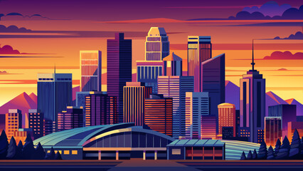 Naklejka premium Metropolis Skyline Silhouette Against Vivid Sunset Over Stadium Structure and Distant Mountains denver skyline vector
