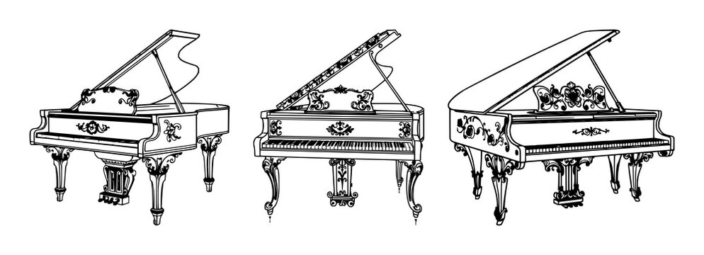 Grand piano set with ornate Victorian line art featuring floral motifs, decorative flourishes, detailed engraving with white background and elegant design