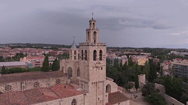 Aerial drone flying around the monastery of sant cugat del valles