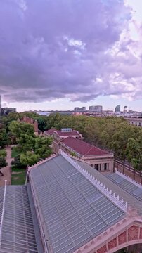 Aerial drone flying over barcelona parc de la ciutadella