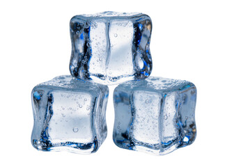Obraz premium Three sparkling ice cubes with numerous air bubbles, perfectly stacked in a pyramid, isolated PNG on transparent background, for cool beverages