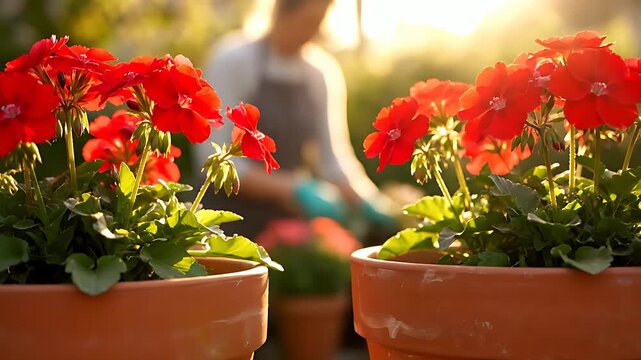 Vibrant red geranium flowers blooming brightly in terracotta pots during golden hour with a gardener tending plants in the sunny background.