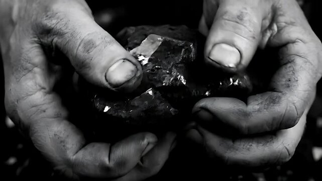 Close-up, intensely detailed black and white photograph capturing rough, dirty hands carefully holding a large, raw, freshly mined piece of dark mineral or coal rock specimen.