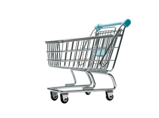 Shiny metallic miniature shopping cart with blue plastic handle, isolated on a clean background, perfect for retail, e-commerce, and consumerism concepts PNG © Aoife
