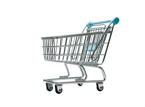Shiny metallic miniature shopping cart with blue plastic handle, isolated on a clean background, perfect for retail, e-commerce, and consumerism concepts PNG