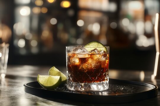 Refreshing rum and cola cocktail with lime on a bar counter