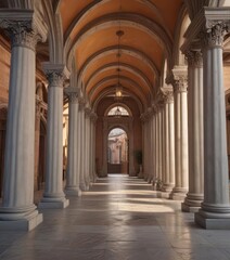 Grand entrance with columns and arches leading to the central quad,  architectural details,  rustic stone,  columns