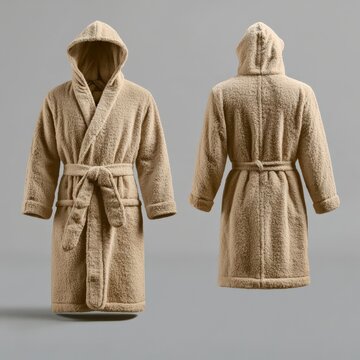 Beige hooded plush bathrobe front and back view on neutral gray background